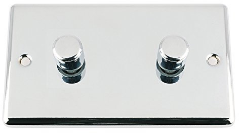 Light Dimmer Switch 2 Gang 1000W (Max) - Polished Chrome - Classic - 10A 2 Gang 2 Way Push On/Off