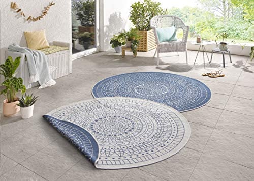 Northrugs Porto In- und Outdoor Teppich Rund – Runder Wendeteppich Wasserfest Mandala Design Flachgewebe Teppich Wetterfest für Balkon, Terrasse, Garten, Wohnzimmer in Blau Creme, ⌀200cm