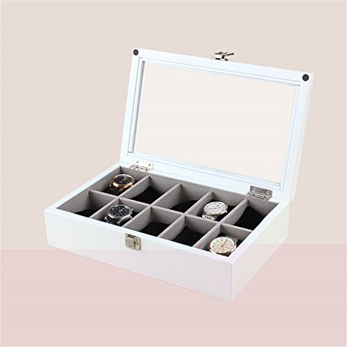 Exquisite Holz Uhrenbox - Display Stand/Box Set/Aufbewahrungsbox für Schmuck Uhren - 10 Grids Watch Display Box mit Glasdeckel (Farbe : Weiß)