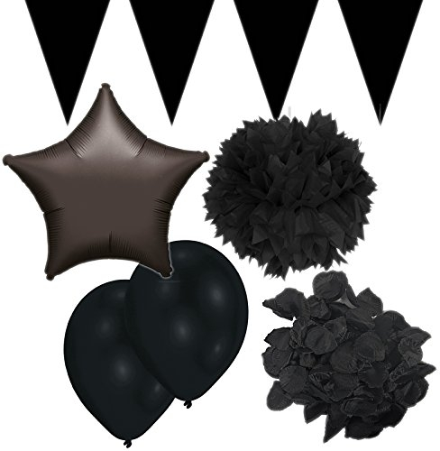 Carpeta 157-tlg. Party-Set * SCHWARZ * für Geburtstag und Mottoparty mit Wimpelkette + Folienballon Stern + Pom-Pom + schwarzes Konfetti + Ballons | Dekoration Nacht Noir Black Gruselparty dunkel