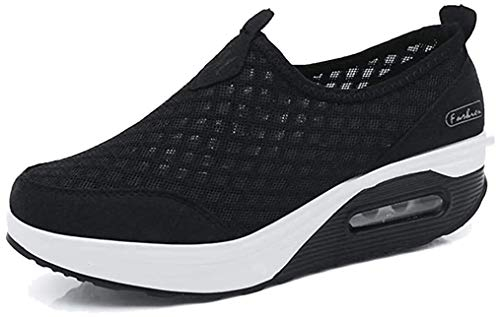 Hotcham Damen Schlankheitsschuhe Laufschuhe Plateauschuhe Gewicht Luft leicht elastisch Sport Laufen Yoga Tennis zum Überziehen Sportschuh Netzstoff flach Sommer, Schwarz 1, 39 EU