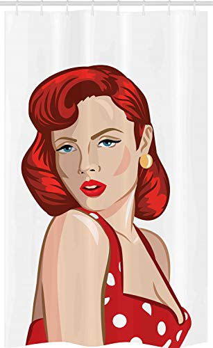 ABAKUHAUS Pin up Girl Schmaler Duschvorhang, Rolled Haar Ingwer, Badezimmer Deko Set aus Stoff mit Haken, 120 x 180 cm, Blasse Pfirsich Scarlet
