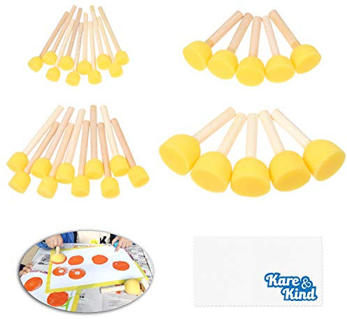 Kare & Kind Ensemble de 30 brosses à éponges Rondes - Outils de Peinture - pour Les Arts, l'artisanat, Les pochoirs, Les Graffitis - Tailles Assorties - Brosse en Mousse et Manche en Bois