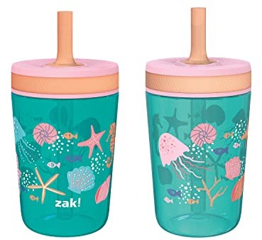 Zak Designs Kelso 15 oz Tumbler Set, (Shells) Leak-Proof Screw-On Lid with Straw Made of Durable Plastic and Silicone, Perfect Cup Bundle for Kids (2pc Set)
