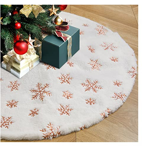 Weißer Weihnachtsbaumrock, 91,4 cm, Kunstfell, Baumröcke, Roségold, Schneeflocken, Plüsch-Baumröcke, Kleiner Weihnachtsbaumrock für Weihnachtsbaumschmuck, Ornamente