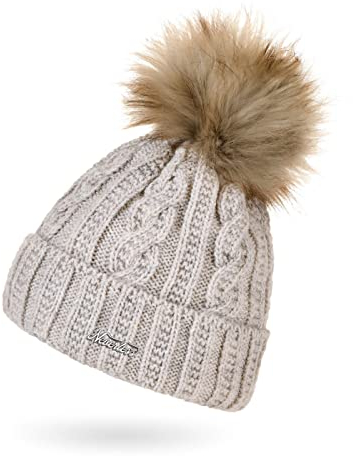 Neverless® Damen Strick-Mütze mit Innenfutter Fleece Fell-Bommel Kunstfell Bommelmütze Zopfstrickmuster Umschlag beige Unisize