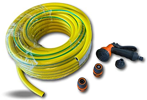 Kibros Tuyau arrosage anti-UV 4 couches Ø 15 mm 50 m + kit douchette | 4 couches 3 PVC + 1 fibre textile, Ø 15 mm, 200g/m, résiste UV températures, livré avec kit douchette pistolet.