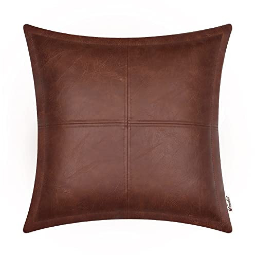 BRAWARM Dunkelbrauner Leder-Kissenbezug, 45,7 x 45,7 cm, Kunstleder-Kissenbezug mit Paspelierung, handgenähtes Leder, dekorative Kissenbezüge für Couch, Sofa, Bett, Wohnzimmer, Garten