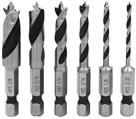 Bestgle 6 Pcs Brad Point Drill Bits, 1/4 Inch Hex Shank HSS Spiral Twist Wood Drill Bit Set for Soft, Hard, Veneered, Laminated Wood MDF Acrylic Woodworking Tool 3/8, 5/16, 1/4, 3/16, 1/8, 3/32