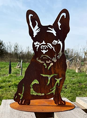 Gartenfigur Hund Französische Bulldogge auf Platte 30x18cm Edelrost Gartendeko Wetterfest Rost Metall Rostfigur Bully von Steinfigurenwelt