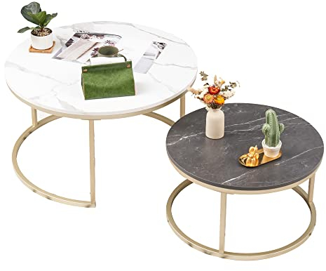 Soayone Couchtisch Rund 2er Set, Weiß Marmor Couchtisch mit Gold Metallgestell, Beistelltisch Rund, Wohnzimmertisch Modern, Satztische fürs Wohnzimmer Schlafzimmer Balkon
