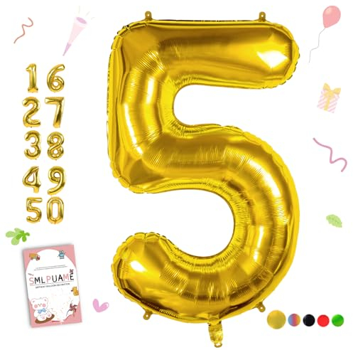 Smlpuame 102cm Folienballon Zahlen Luftballon 0-9 Geburtstag Golden Große 5 Ballons für Geburtstagsfeier Feierdekorationen, Heliumfolien Zahlenballons für Hochzeitstag