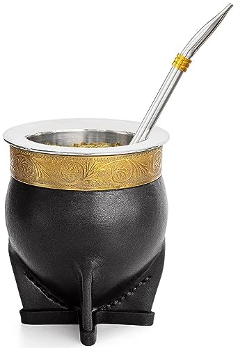 Taza de acero inoxidable 304 Argentina Yerba Mate con pajita para té, taza de calabaza, una bombilla mate (pajita), un cepillo de limpieza (negro)