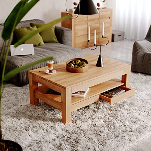 kiki design Couchtisch 110 cm mit 2 Schubkasten aus Massivholz, Rechteckig mit Schublade & Ablage, Langlebig & modern, Pflegeleicht & einfach zu montieren, Sofatisch, Wohnzimmer