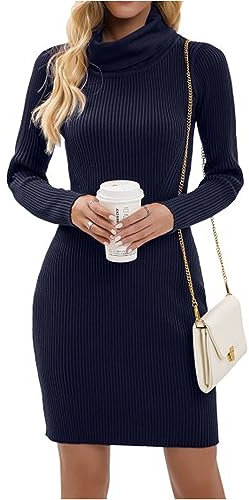 Women's Turtle Neck Jumper Dress Long Sleeve Knitted Dress Sweater Dress Knitted Jumper Slim Fit Knitwear Pullover for Autumn Winter (A Navy, S)