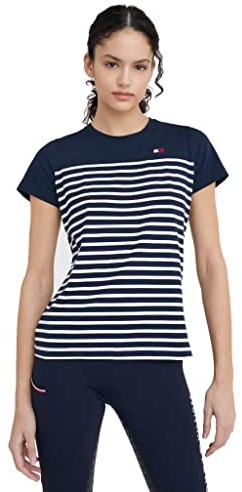 Tommy Hilfiger Equestrian Partial Ribbed T-Shirt Style Kurzarm Damen Desert Sky FS/22, Größe:S