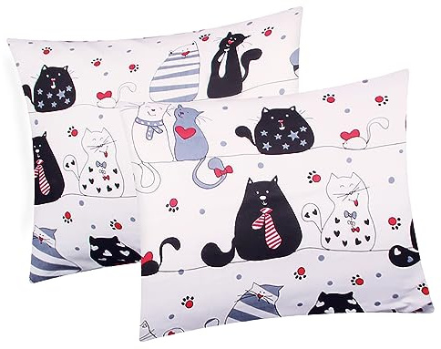 Renforcé Kissenbezug 2er Set 40x40cm Katzen Pfoten (KY-Katzen-Weiß-40x40) | Kopfkissen-Bezug, Kissenhülle, Dekokissenbezug aus 100% Baumwolle, Kinder, Reißverschluss