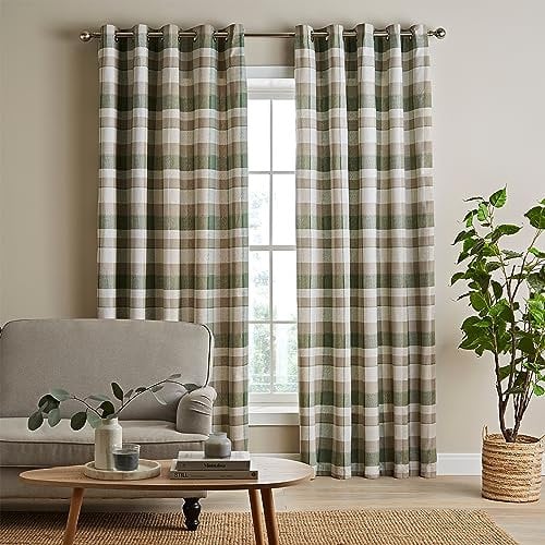 Catherine Lansfield Brushed Cotton Thermal Check 66x72 Inch Lined Eyelet Curtains Two Panels Green