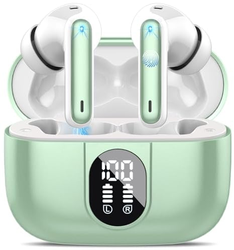 Csasan Bluetooth Kopfhörer, Kabellos Bluetooth 5.3 Deep Bass mit 4 ENC Mic, 40Std Spielzeit Touch Control In Ear mit LED-Anzeige, IP7 wasserdichte Ohrhörer für Arbeit Studium Sport Grün