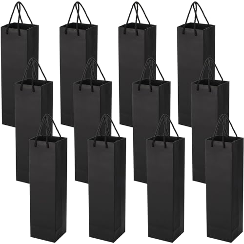 Kraft 12-Piece Wine Bottle Bags - Holder with Handles, Tissue Paper, Retail Bags for Christmas, Wedding, Party - 3.7 x 3.7 x 13.7 Inches (Black)