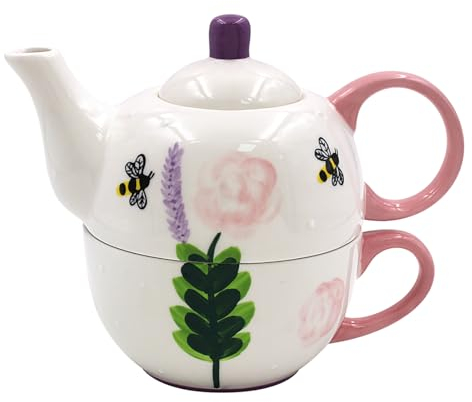 Lesser & Pavey Lynsey Johnstone Roses & Bees Tea for One | Ceramic Teapot and Cup Set | Beautiful Gift for Home Use | Stylish Printed Teapot for Tea Lovers