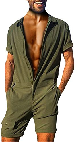Combinaison courte pour homme - Pantalon de travail stretch - Coupe ajustée - Combinaison d'été - Salopette à manches courtes - Avec boutons - Survêtement de jogging, vert, XXL