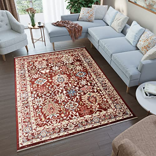 TAPISO Rivoli Teppich Kurzflor Traditioneller Teppich Fransen Burgund Blau Beige Creme Blumen Ornament Rahmen Wohnzimmer Schlafzimmer Modern Design ÖKOTEX 80 x 150 cm