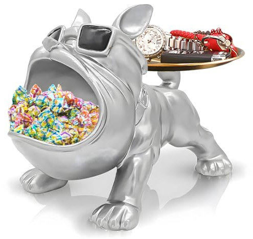 Französische Bulldogge Figuren Statue, Bulldogge Tablett Deko, Hund Skulptur Schlüsselschale für Wohnzimmer, Eingangsbereich, Büro, Schreibtischdekoration (Silber)