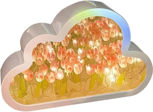 Youning Tulpen Lampe Wolke Tulpenspiegel Nachtlicht LED Tulpen Wolkenlampe 2 in 1 Wolken Tulpen Nachtlicht mit Spiegel für Schlafzimmer,Wohnzimmer,Desktop,Heimdekoration (#Rosa)