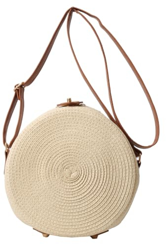 Kexpery Bolso redondo de ratán para mujer con correa ajustable, bolso de hombro vintage, bolso de paja retro de color sólido, bolso diario de verano para mujer (blanco)