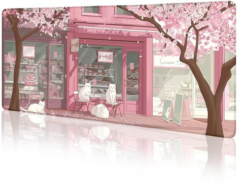 LIMKRIAN Cat Mouse Pad Large Desk Mat, Pink Cherry Blossom Computer Mousepad with Stitched Edges Non-Slip, Keyboard Mouse Pad for Desktop Cute Office Desk Accessories Japanese Dessert House 31.5in