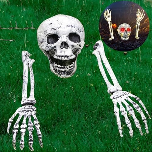 ZQEJEFD Halloween Deko Outdoor Skelett Stakes, Skelett Halloween Deko Garten Gruselig, Friedhofsdeko Gruselig Schädel mit 3m Lichterkette, Skeleton Dekorationen für Garten Rasen Party Dekorationen