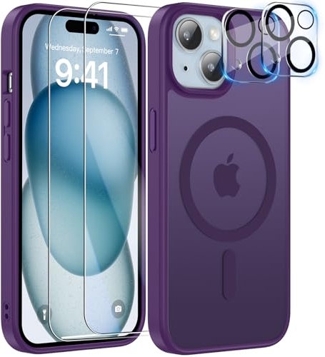 YisrLery Magnetica Cover iPhone 15 con 2 Vetro Temperato e 2 Vetro Fotocamera, Compatibile Mag Safe Hard PC Anti-Graffio Protettiva Case Antiurto Custodia con Bumper TPU (Viola Intenso)