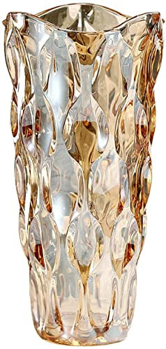 Glas Blume Vase, 24cm hohe Moderne Minimalistische Glasvase Mordische Kristall Dekorative Handgemachte Blumenarrangement für Home Office Dekor, Geschenk für Hochzeit Housewarming feiern (Bernstein-1)