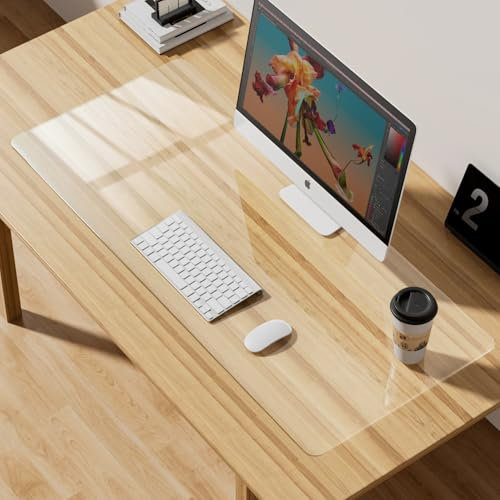 Schreibtischunterlage Transparent,Wasserdicht Schreibtischunterlage aus PVC,Rutschfest Schreibtischmatte,Runde Kanten Schreibunterlagen für Büro und Zuhause-120x40cm