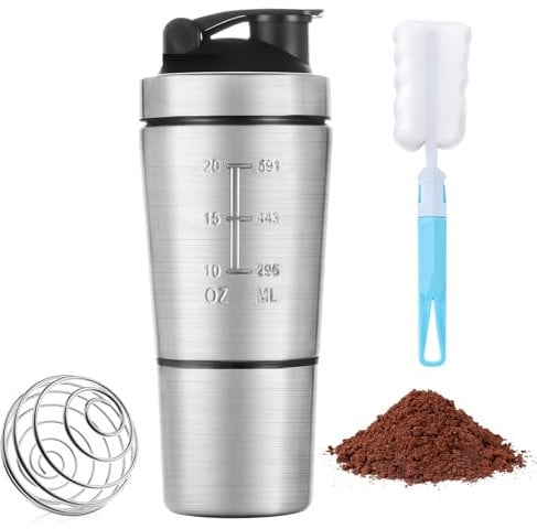 ACWOO Coctelera de Proteína de Acero Inoxidable 700 + 200ml, BPA Libre, Protein Shaker con Bola Mezcladora Compartimento para Polvo, Botella Batidora de Proteínas, Coctelera de Proteína Sport Fitness