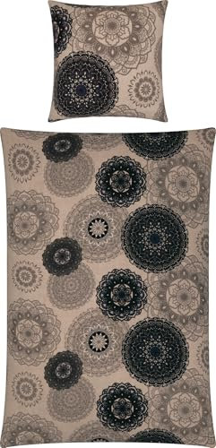 Erwin Müller Bettwäsche, Bettgarnitur Flanell - Mandala - mollig warm, temperaturregulierend, mit praktischem Reißverschluss - beige Größe 80x80 cm / 155x220 cm