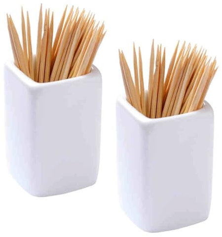 2 Piezas Dispensador de Palillos de Dientes Cuadrados de Cerámica,Dispensador Portátil de Palillos de Dientes,Cubo Palillero de Color Blanco
