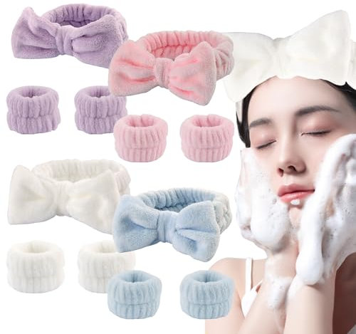 JWTRSVTY Bandeau Cheveux Femme Maquillage, Spa Bandeau Poignet De Maquillage Élastique, Polaire Corail Lavage De Visage Bandeau, 4 Pcs Bandeaux Cheveux Bowknot avec 4 Paires Bandeau Poignet