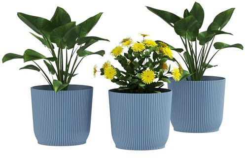 Outsunny Set of 3 Plastic Round Plant Pots Outdoor 22cm, Garden Planters, Flower Pots for Garden Decoration, Patios, Indoor, Outdoor, Home, Blue