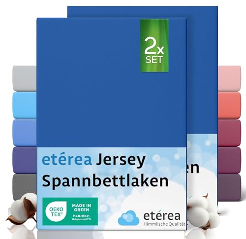 etérea Jersey 2er Set Spannbettlaken 140x200cm - 160x200cm Blau bis 25 cm Höhe - 100% Baumwolle Spannbetttuch Oekotex - Doppelpack Bettlaken 140x200 cm - 160x200 cm - Blue