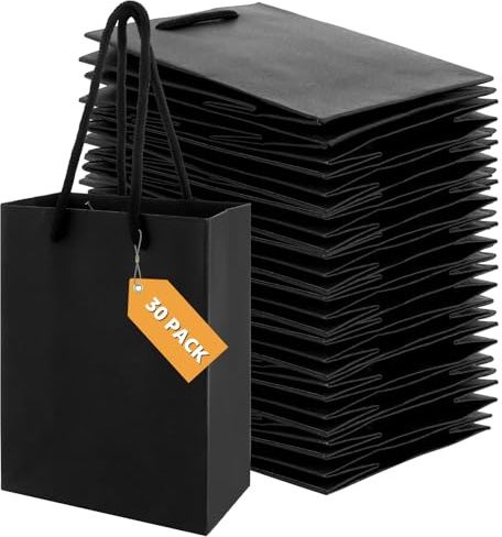 MIVIDE Geschenktaschen Papier Schwarz 12 x 7 x 16 cm / 250GSM, 30 Stück | Geschenktüte Klein Schwarz mit Griff, Schwarze Geschenktasche für Hochzeits, Weihnachten, Partyfeiern, Geschenke