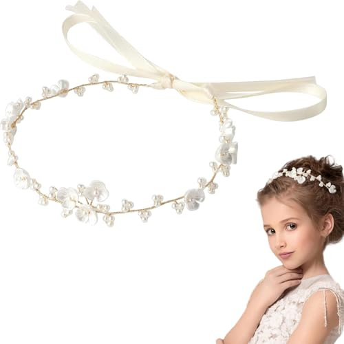 Heyumybit Haarschmuck Kommunion Mädchen,Blumenkranz Haare Kinder,Prinzessin Blumenkranz Haare,Perle Haarreifen Kopfbedeckung,Geeignet für Braut Frauen Erstkommunion Bridal Headband