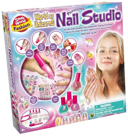Small World Toys Fashion Professional Unicorn Nail Studio Set, Multi-headed Shaping Tool, Crystal Stones, Trendy Stickers, Special Polish, Ages 8+
