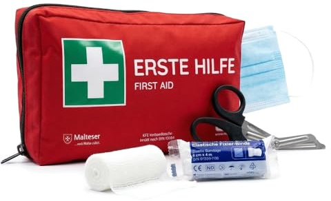 FLEXEO KFZ-Verbandtasche nach aktueller DIN 13164 | Europaweit gültig, gemäß StVZO | inkl. 2 med. Gesichtsmasken | Erste Hilfe Tasche, Set, Verbandskasten, Auto, PKW | Rot