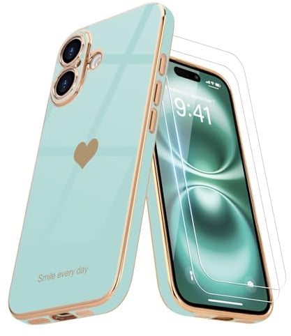 Teageo für iPhone 17 Hülle+2 Schutzfolie Herzmuster, JuwelGrün | Mädchen Stilvoll Galvanisierte Schutzhülle Weich TPU Phone Case