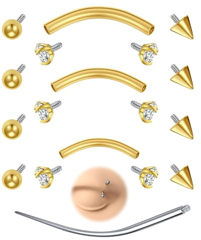 AVYRING 12 Stück Augenbrauen Piercing 16G Surgical Steel Rook Piercing Schmuck & Vertical Labret Lippenpiercing, 6mm 8mm 10mm Barbells für Lippe, Daith, Conch, Rook, Helix und Bauchnabel, Gold
