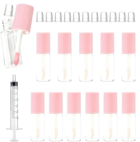 EVTHUR 12 Pcs Empty Lip Gloss Tubes, 3ml Pink Round Lipgloss Tubes, Refillable Lip Gloss Containers, Makeup Containers Bottles, with 3ml Syringes, for Women (Pink)