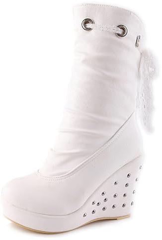 LarDorLin Compensées Plateforme Bottes Mi-Mollet Femme A Enfiler Bout Rond Elegant Slouch Hiver Mariage Vintage Bottines Blanc Taille 36.5 EU (37 Cn)
