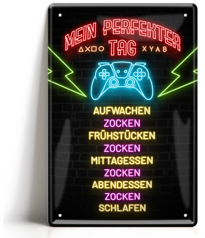 Blechschild Mein perfekter Tag Zocken 20x30cm - Gaming Zimmer Deko Gamer Zocker - Metallschild Geschenk für Gamer - Coole Sachen für Teenager Jungs PC Spieler (Tag 1)